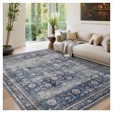 GarveeHome Area Rugs 4x6 Vintage Printed Floor Carpet with Non-Slip Backing, Stain-Resistant Oriental Throw Rugs, Washable Farmhouse Low Pile Rugs for Living Room, Bedroom, Office, Blue
