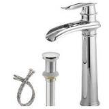 Waterfall Single Hole Single Handle Bathroom Vessel Sink Faucet with Drain Assembly in Polished Chrome