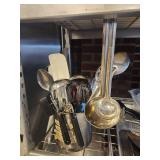 Contents of Shelf W/ Commercial Metal Ladles, Whisks, Storage Containers, Cutting Boards, and More!
