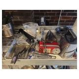 Contents of Shelf W/ Commercial Metal Ladles, Whisks, Storage Containers, Cutting Boards, and More!