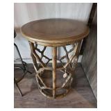 Chinois Round End Table with Lattice Design and Wooden Stool