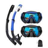 Snorkeling Gear for Adults, Dry Snorkel Mask Set, Scuba Diving Snorkle mask Set Adult, Panoramic Wide View Anti-Fog Dive mask, Swimming Diving Snorkeling Packages (Black+Blueï¼2 Setï¼)