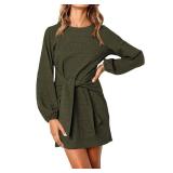 PRETTYGARDEN Womens Fall Elegant Long Lantern Sleeve Short Dress Wedding Guest Crewneck Tie Waist Knit Cocktail Dresses (Green,Medium)