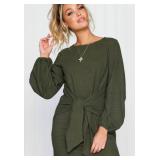 PRETTYGARDEN Womens Fall Elegant Long Lantern Sleeve Short Dress Wedding Guest Crewneck Tie Waist Knit Cocktail Dresses (Green,Medium)