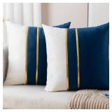 ZLINA Set of 2 Velvet Decorative Throw Pillow Covers Navy Blue White Patchwork with Gold Leather Pillow Covers 18 Ã 18 Inch Cushion Covers Decor Living Room Sofa Bedroom Car