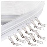 WANDIC Nylon Zipper, 10 Meters #5 White Nylon Coil Zippers & 10 Pcs Double Side Zipper Pull Tab Sliders & 9 Pcs Zipper Stopper for Repairing Tents Mosquito Net