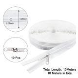 WANDIC Nylon Zipper, 10 Meters #5 White Nylon Coil Zippers & 10 Pcs Double Side Zipper Pull Tab Sliders & 9 Pcs Zipper Stopper for Repairing Tents Mosquito Net