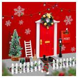 JCOOS Christmas Wooden Red Mini Elf Door for Wall, Miniature Fairy Door Kit, Christmas Dollhouse Accessories Fairy Tale Pretend Playset for Boys Girls Kids
