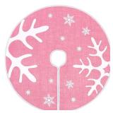 N&T NIETING Christmas Tree Skirt Pink, 30 Inch Rustic Burlap Tree Skirt Decor with Large Snowflakes Printed Xmas Tree Ornament Christmas Holiday Party Decoration, Pink