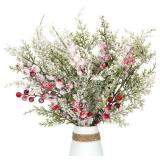 Pack of 4 Artificial Frosted Pine Branches with Red Berries 17\" Snowy Christmas Tree Picks Winter Greenery Sprays White Fake Cedar Holly Berry Stems for Vase Fillers Craft Wreath Holiday DÃ©cor (Re