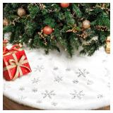 Christmas Tree Skirt 36 Inch, Holiday Part Decorations for Christmas Tree, Whit Plush Sliver Sequin Snowflake Tree Shirt for Xmas