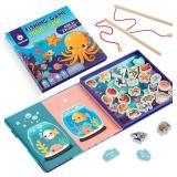 Magnetic Fishing Game for Toddlers -Travel Toys 3-5 Airplane Essentials - Mess-Free Camping & Car Trip Activity - Wooden Learning Toy with 27 Fish