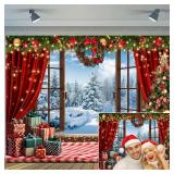 10x8ft Christmas Photography Backdrop Winter Christmas Wooden Window Decoration Kids Photography Backdrop Farmhouse Snow Pine Tree Party Decor Photo Backdrops Cabin Xmas Photo Booth Props Background