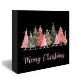 DUXMNAMG Christmas Tree Wood Box Sign, Merry Christmas Tree Desk Shelf Decor, Black and Pink Xmas Winter Trees Light Wooden Block Plaque Box Sign for Home Room Office Table Decor