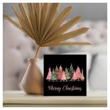 DUXMNAMG Christmas Tree Wood Box Sign, Merry Christmas Tree Desk Shelf Decor, Black and Pink Xmas Winter Trees Light Wooden Block Plaque Box Sign for Home Room Office Table Decor
