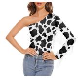 Cow Print Disco Cowgirl Outfit Black Nashville Outfits for Women White Western Fringe Shirt One Shoulder Long Sleeve Bodysuit for Women Cow Print L