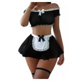 Foxiny Sexy Stockings Mini Skirt Mesh Sheer Lace Halloween Costume Maid Outfit Lingerie with Thong Set 4 Piece Women Roleplay See Through Matching Bra Panty Underwear Black Medium
