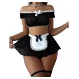 Foxiny Sexy Stockings Mini Skirt Mesh Sheer Lace Halloween Costume Maid Outfit Lingerie with Thong Set 4 Piece Women Roleplay See Through Matching Bra Panty Underwear Black Medium