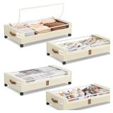 Yecaye 4 Pack Under Bed Storage with Wheels, Under Bed Storage Containers with Lids, Large Under Bed Rolling Storage with Clear Window & Label, Rolling Drawers for Clothes, Blankets, Books