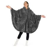 PAVILIA Angel Wrap Hooded Blanket Poncho, Wearable Blanket Throw Wrap Poncho for Women Adult, Cozy Fluffy Sherpa Fleece Shawl Cape with Hood pockets, Warm Gift for Mom Wife, Dark Gray