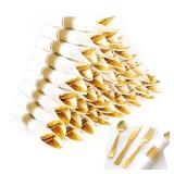 Dlebay 50 Pack Pre Rolled Gold Plastic Silverware Set,Wrapped Plastic Cutlery Set with Napkin Include 50 Forks,50 Spoons,50 Knives and 50 White Napkins for Party,Wedding,Christmas