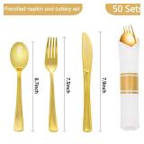 Dlebay 50 Pack Pre Rolled Gold Plastic Silverware Set,Wrapped Plastic Cutlery Set with Napkin Include 50 Forks,50 Spoons,50 Knives and 50 White Napkins for Party,Wedding,Christmas