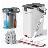 HoMettler Mop and Bucket Set, Flat Mop and Bucket System with Separate Dirty and Clean Water, 3-Compartment Wall Cleaner Mop, Flat Mops for Floor Cleaning with 8 Microfiber Pads
