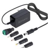 Kimaru 12V 2A Power Adapter for LED Strip Light, CCTV Camera, Webcam, Router, GPS, BT Speaker, Yamaha Keyboard, Regulated 12 Volts 2000mA Power Supply Cord, DC 12V Transformer with 5 Tips.