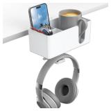 KDD 4-in-1 Desk Organizer - Under Desk Cup Holder and Headphone Hanger with 2 Wire Holes - Rotating Hanger and Detachable Storage for Cup, Phone and Pen (White)