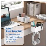KDD 4-in-1 Desk Organizer - Under Desk Cup Holder and Headphone Hanger with 2 Wire Holes - Rotating Hanger and Detachable Storage for Cup, Phone and Pen (White)