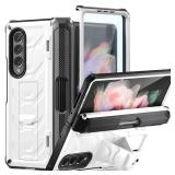 FONREST Rugged Case Armor for Samsung-Galaxy-Z-Fold-3 w/Built-in [Kickstand] [S Pen Holder] [Screen Protector] [Hinge Protection], Heavy Duty Shockproof Protective Cover, NOT FIT Z Fold 4/2 (White)