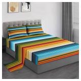 Pamnest Queen Size Bed Sheet Sets, Mexican Woven Serape Stripe Soft Microfiber 4 Pcs Bedding Sets for Kids and Adults Bedroom Bed Decor, Green Blue Geometric Flat, Fitted Sheet and 2 Pillowcases