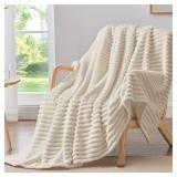 BEDELITE Fleece Throw Blanket for Couch - 300GSM Soft & Warm Fluffy Beige Blanket, Decorative and Giftable Striped Blankets for Women, Men, 50\"x60\"