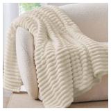 BEDELITE Fleece Throw Blanket for Couch - 300GSM Soft & Warm Fluffy Beige Blanket, Decorative and Giftable Striped Blankets for Women, Men, 50\"x60\"