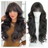 PARK YUN Black Hair Long Wavy Wig With Bangs 30 Inches Sthetic Thick Wig Heat Resistant Ladies Body Wave Wigs For Black Women Natural Looking Daily Party Use