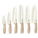 CAROTE 12PCS Knife set with Blade Guards,Granite Nonstick Ceramic Coating,Stainless Steel blade, Wood Grain Handle, Essential knife set,White