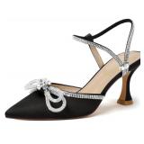 Susanny Black Rhinestone Heels for Women Sparkly Pearl Bow Heels Evening Party Ankle Strap Closed Toe Pumps Office Kitten Heels Dress Heeled Prom Shoes 8.5