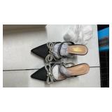 Susanny Black Rhinestone Heels for Women Sparkly Pearl Bow Heels Evening Party Ankle Strap Closed Toe Pumps Office Kitten Heels Dress Heeled Prom Shoes 8.5