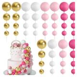 BOUBONI 48 Pcs Balls Cake Topper Decorations Balloon Cupcake Toppers Foam Cake Topper Balls Cake Balls Decorations for Birthday Party Wedding Anniversary Cake Decorating (Rose Red, Pink, White, Gold)