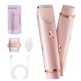 2-in-1 Bikini Trimmer for Women, Bikini Shaver with Dual Heads, Body and Facial Hair Removal, Rechargeable Cordless Electric Razors for Face Chin Pubic Underarm Legs, IPX7 Waterproof, Pink