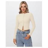 Matunana Womens Fall Long Sleeve Tops Lightweight Cardigan Cropped Sweaters Crop Going Out Shirts Ribbed Button Down Cute Y2k Trendy Outfits Fashin Clothes 2025 Apricot M