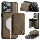 Usroom Compatible with Magsafe for iPhone 15 Pro Wallet Case Magnetic Card Holder, RFID Blocking 2 in 1 Detachable Kickstand Shockproof Case for Women Men, Brown