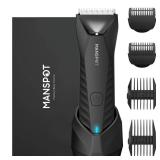 MANSPOT Manscape Body & Pubic Hair Trimmer for Men, Electric Groin Hair Trimmer, Replaceable Ceramic Blade Heads,Waterproof for Wet/Dry Use,Standing Recharge Dock,90 Minutes Shaving(Black)