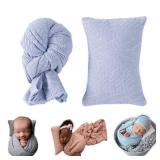 Coberllus Newborn Photography Props Blanket Stretch Knitted Twist Wrap & Posing Pad Prop for Baby Boys Girls Photo Shoot Set (Light Blue)