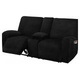 ULTICOR Reclining Love Seat with Middle Console Slipcover, 8-Piece Velvet Stretch Loveseat Reclining Sofa Covers, Thick, Soft, Washable (Black)