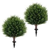 Artificial Cedar Topiary Ball Tree 23\" with Ground Spike, Set of 2 Artificial Boxwood Bushes for Faux Shrubs, Fake Evergreen Faux Plant for Indoor Outdoor Porch Garden- UV Resistant â Fade-Proof