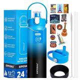 Insulated Water Bottle with Lid & Boot & Stickers, 24 oz Stainless Steel Sweat Free Bottle Keep Cold 24H, BPA-Free Sports Wide Mouth Water Bottle, BlueBlack