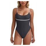 geluboao Black High Cut Bathing Suit for Women One Piece Tummy Control Swimwear Color Block Spaghetti Straps Back V Cut Thong Swimsuit L