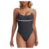 geluboao Black High Cut Bathing Suit for Women One Piece Tummy Control Swimwear Color Block Spaghetti Straps Back V Cut Thong Swimsuit L