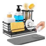 DiatZeno Sponge Holder for Kitchen Sink â Rustproof Sink Caddy & Kitchen Organizer with High Brush Holder, Fast Drying Diatomite Base, 304 Stainless Steel Dish Sponge Rack(Black)